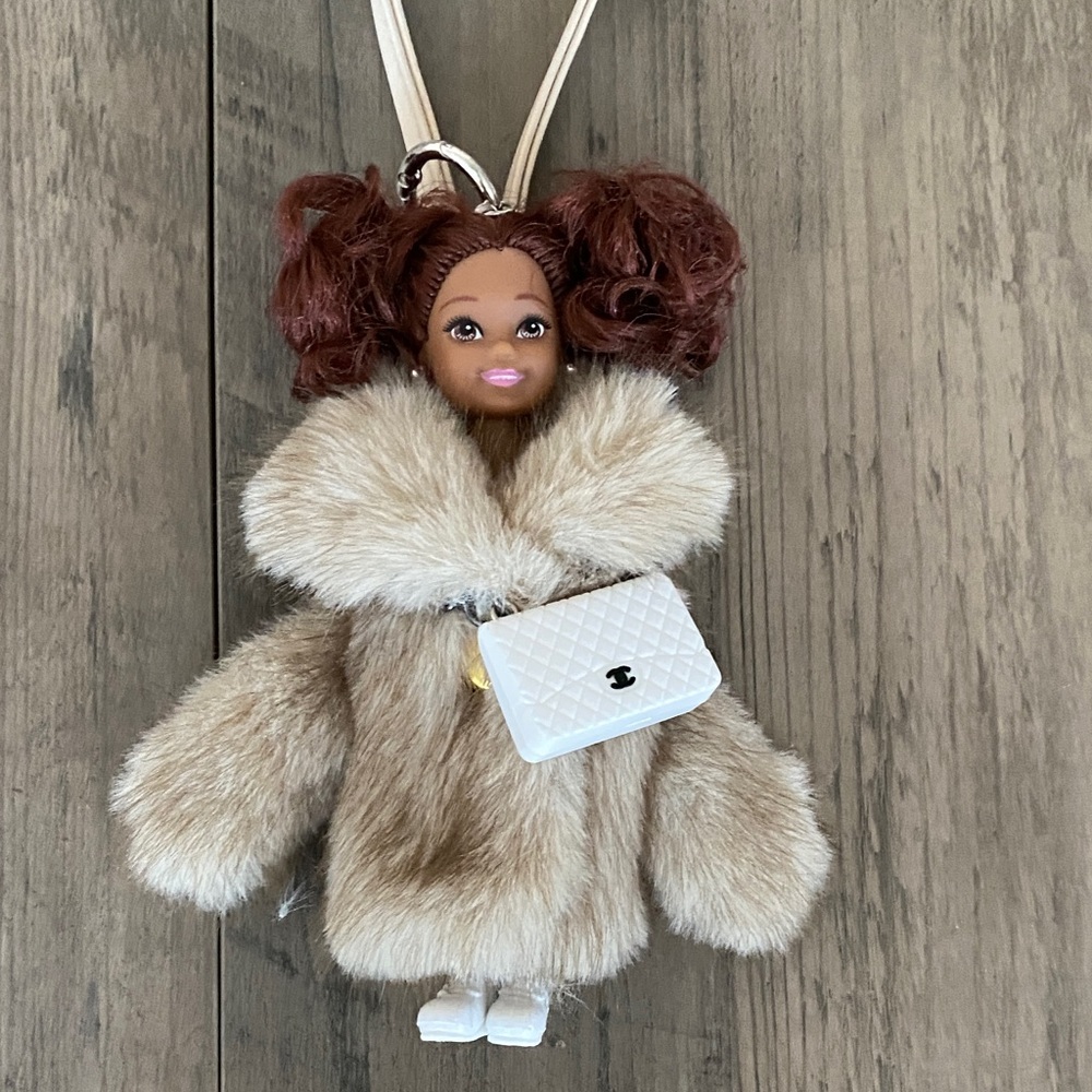 Faux Fur Doll Keychain with White Purse